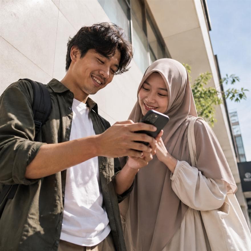 Dua pengguna MASA melihat smartphone bersama di luar ruangan